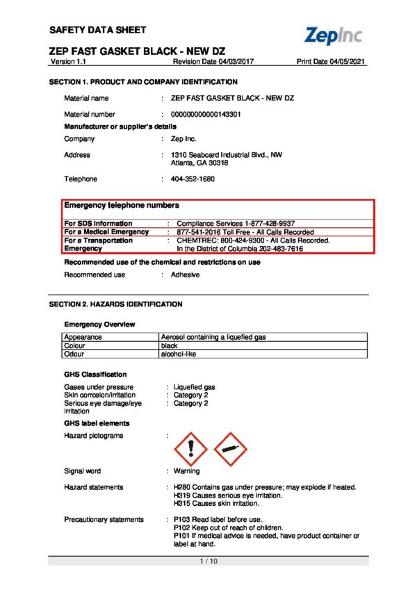 Fast Gasket Black SDS pdf