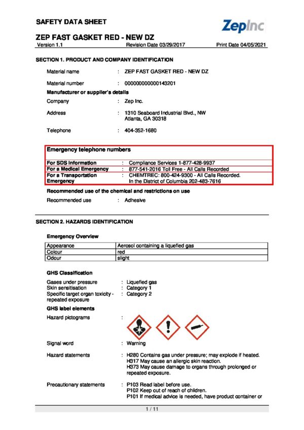 Fast Gasket Red SDS pdf