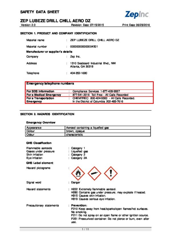 Lubeze Drill Chill Aerosol SDS pdf